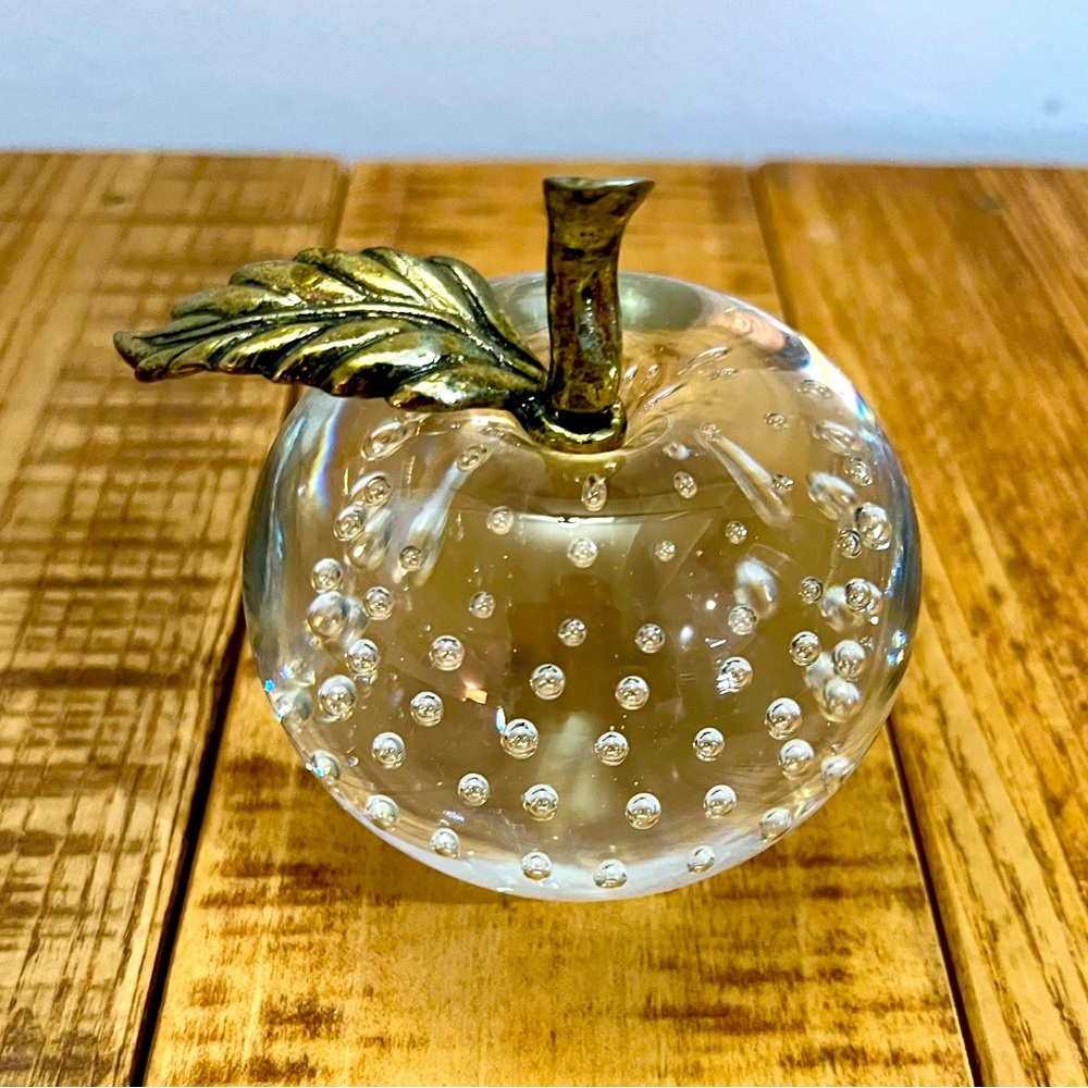 Vintage Glass Apple Paperweight with Brass Stem.